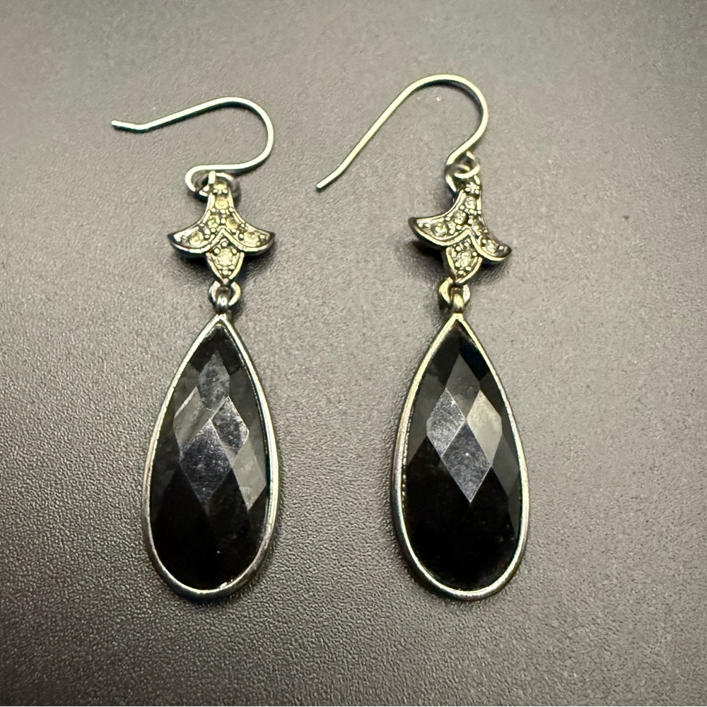 Silver Tone and Black Faceted Teardrop Earrings Party Goth
